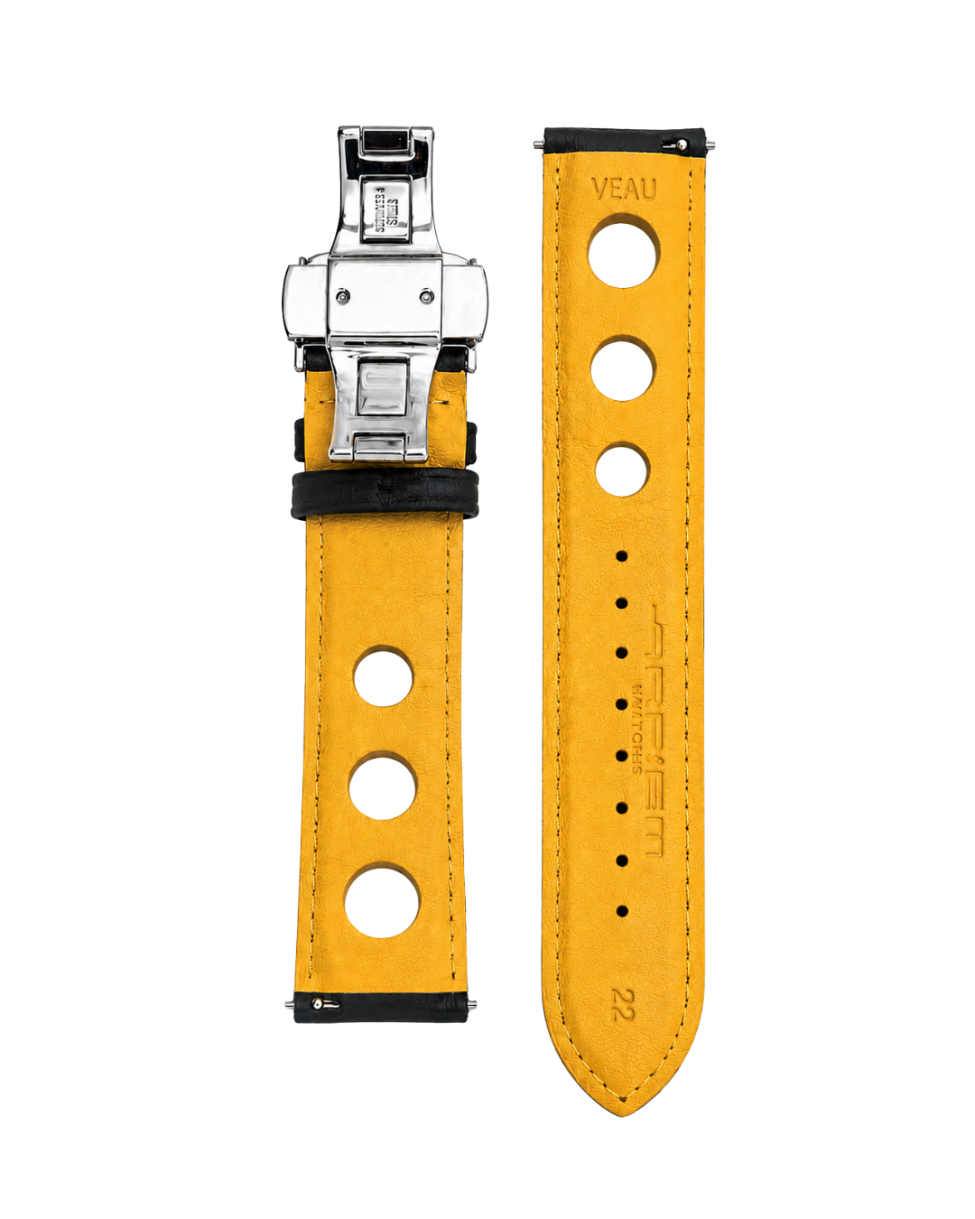 Bracelet Cuir "racer" KYALAMI Noir - Jaune - 22 mm